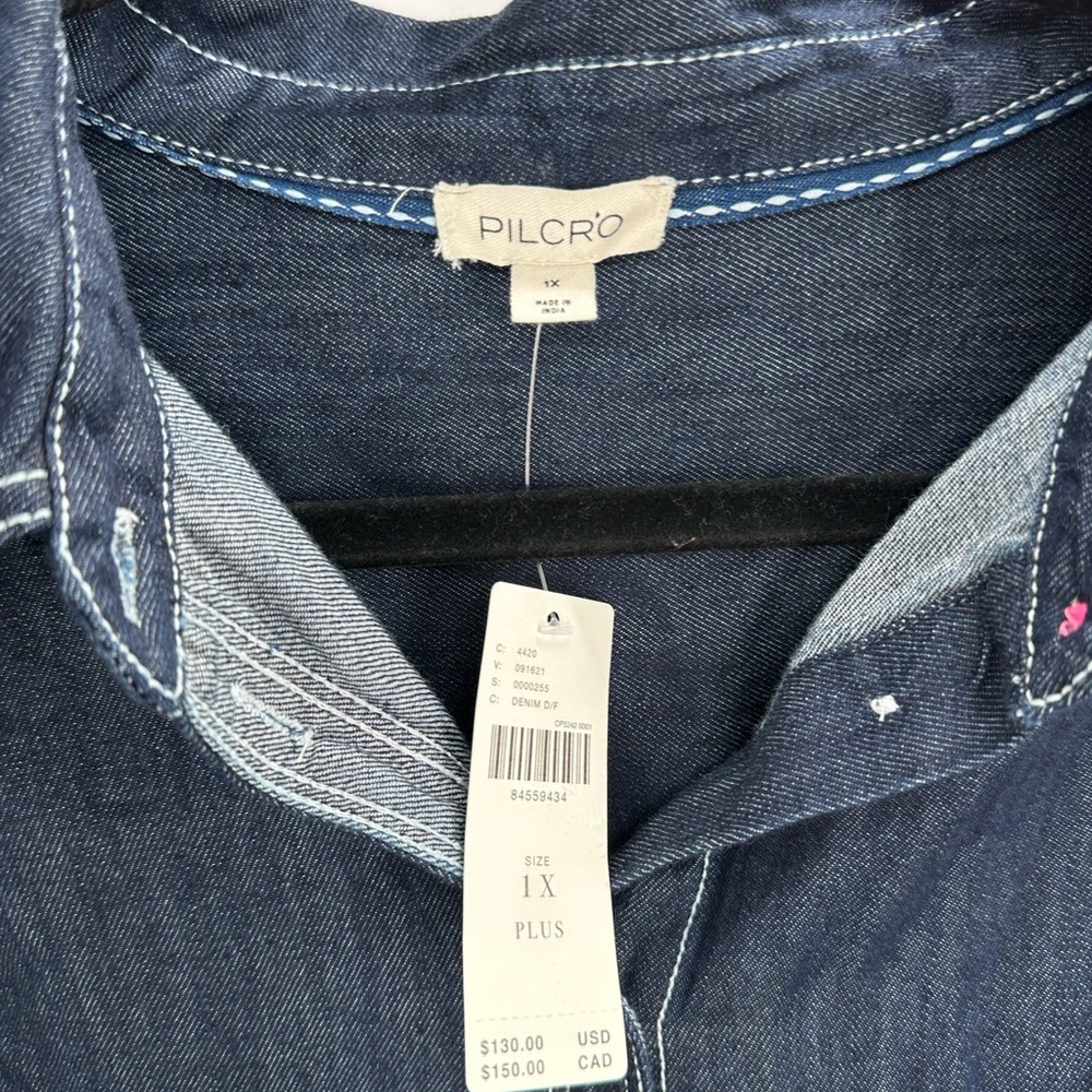 Anthropologie Dark Navy Button-Down Shirt with Contrast White Stitching - Picture 9 of 10